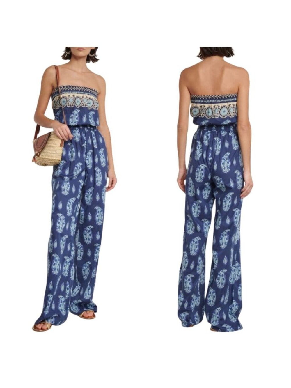 Johanna Ortiz Barú Dolce Far Niente Strapless Wide Leg Paisley Cotton Jumpsuit -